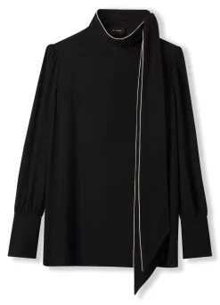 New St. John Crepe Tie Neck Blouse Black/Ecru