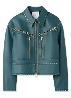 Sale St. John Doubleface Leather Embellished Jacket Prussian Blue