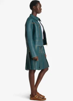 Clearance St. John Doubleface Leather Embellished Skirt Prussian Blue