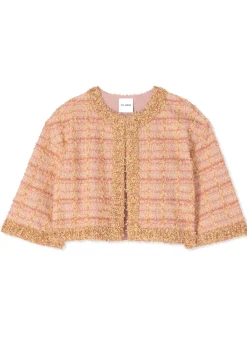 Discount St. John Eyelash Plaid Knit Cropped Jacket Tan/Black Multi