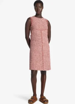 Clearance St. John Feather Weight Multicolor Eyelash Tweed Dress Petal Pink/Cranberry Multi