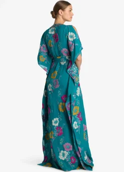 New St. John Floral Fil Coupé Kaftan Gown Bright Teal Multi