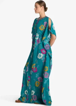 New St. John Floral Fil Coupé Kaftan Gown Bright Teal Multi