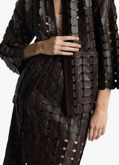 Clearance St. John Geometric Weave Leather Skirt Mocha