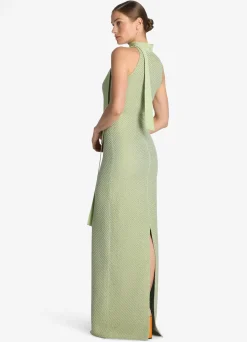 Best St. John Halter Stretch Sequin Twill Knit Gown Chartreuse/Mint Multi