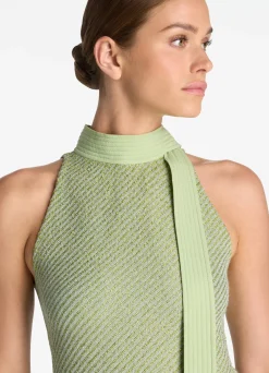 Best St. John Halter Stretch Sequin Twill Knit Gown Chartreuse/Mint Multi