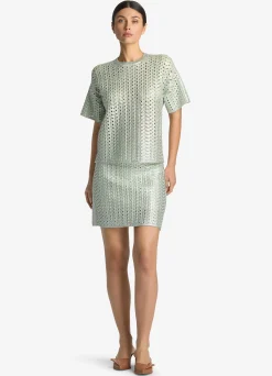 Clearance St. John Lacquered Crochet Knit Top Pale Lime