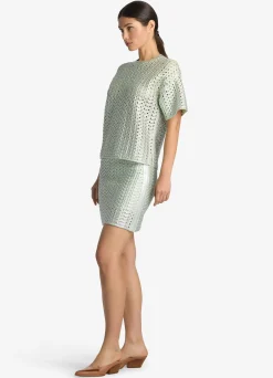 Clearance St. John Lacquered Crochet Knit Top Pale Lime