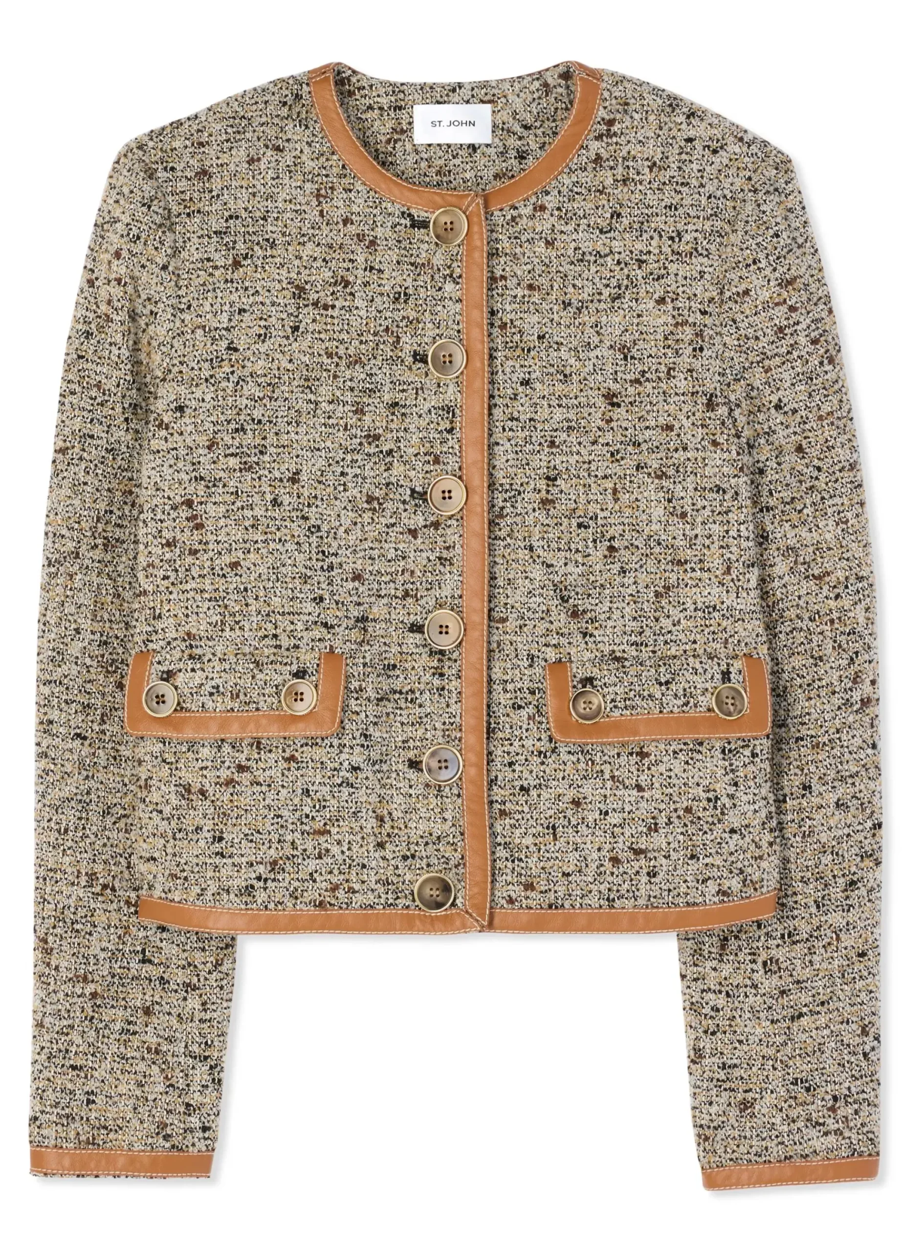 New St. John Leather Trim Multicolor Boucle Tweed Jacket Camel/Ecru Multi