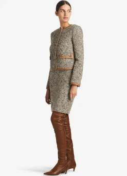 New St. John Leather Trim Multicolor Boucle Tweed Jacket Camel/Ecru Multi