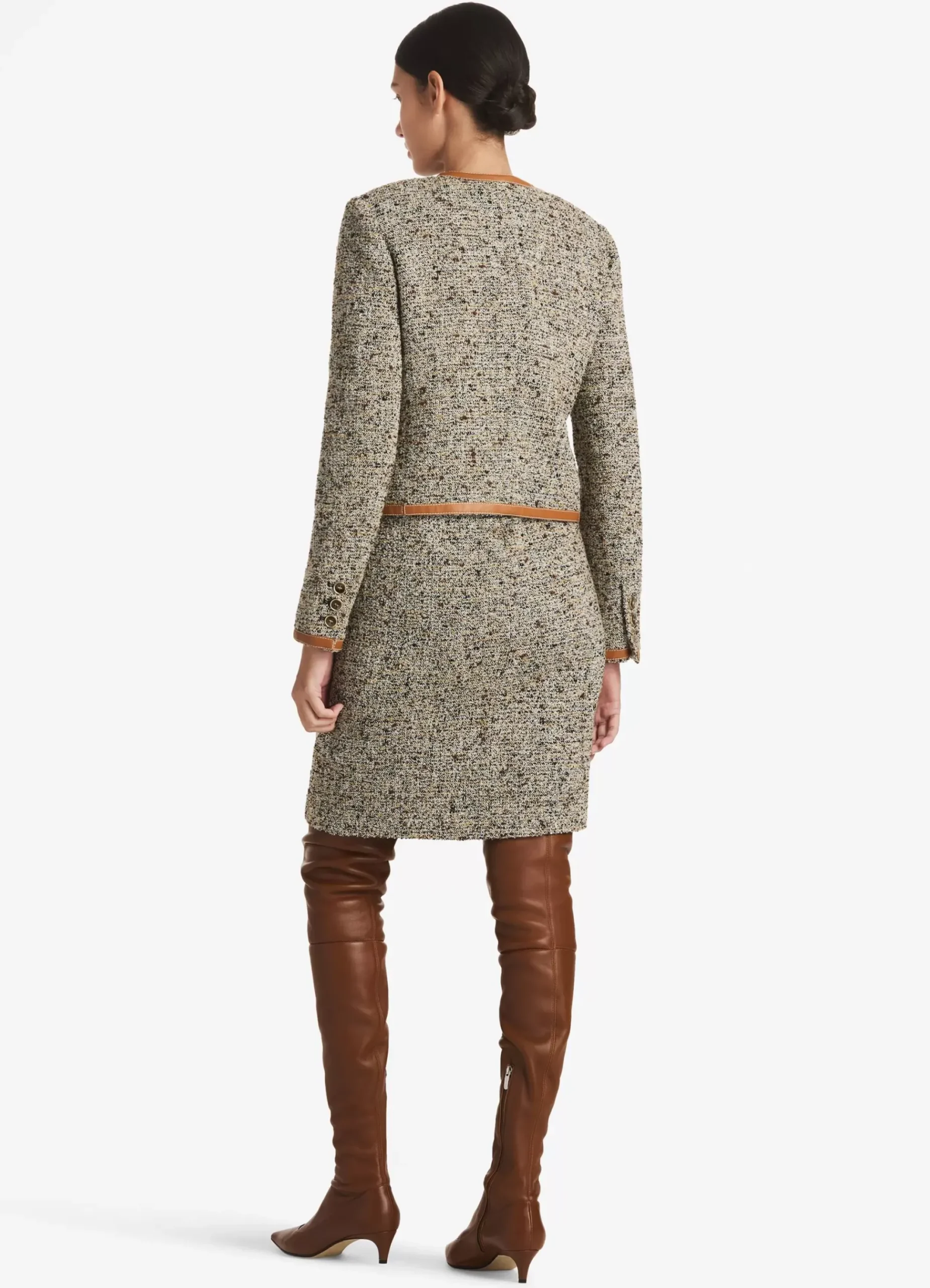 New St. John Leather Trim Multicolor Boucle Tweed Jacket Camel/Ecru Multi