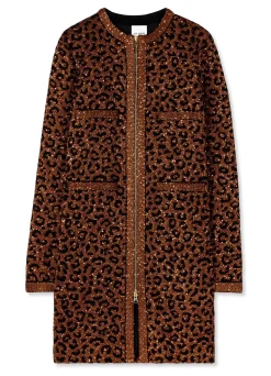 Sale St. John Leopard Sequin Knit Long Jacket Caramel/Copper Multi