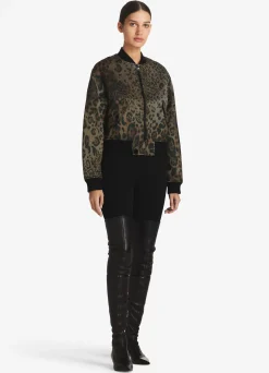 St. John Leopard Twill Bomber Jacket Black/Vicuna Multi