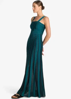 Discount St. John Mixed Knit Embellished Gown Teal