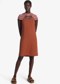 Online St. John Satin Back Crepe Embellished Collar Short Dress Brick/Cranberry Multi