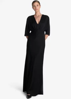 Sale St. John Satin Back Crepe V-Neck Gown Black