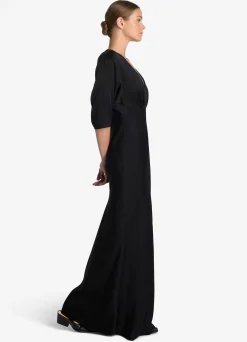 Sale St. John Satin Back Crepe V-Neck Gown Black