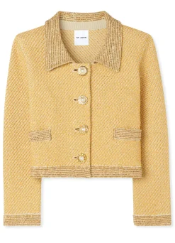 Hot St. John Sequin Stretch Twill Knit 3/4 Sleeve Jacket Golden Rod/Light Khaki Multi