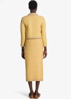 Hot St. John Sequin Stretch Twill Knit 3/4 Sleeve Jacket Golden Rod/Light Khaki Multi