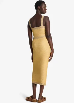 Hot St. John Sequin Stretch Twill Knit Strappy Dress Golden Rod/Light Khaki Multi