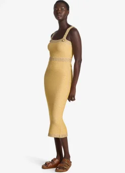 Hot St. John Sequin Stretch Twill Knit Strappy Dress Golden Rod/Light Khaki Multi