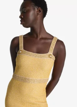 Hot St. John Sequin Stretch Twill Knit Strappy Dress Golden Rod/Light Khaki Multi