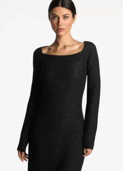 Discount St. John Sequin Twill Knit Square Neck Gown Black
