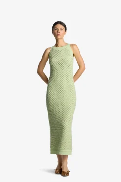 Discount St. John Sparkle Crochet Knit Dress Pale Lime