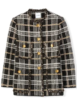 St. John Sparkle Eyelash Plaid Jacket Black/Ecru/Gold Multi