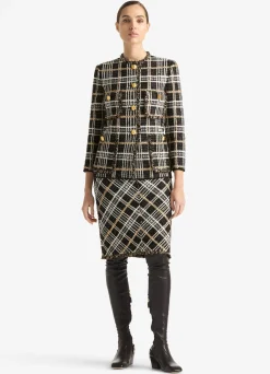 St. John Sparkle Eyelash Plaid Jacket Black/Ecru/Gold Multi
