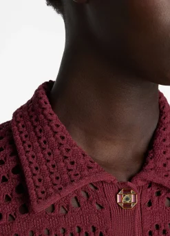 Sale St. John Stretch Crochet Stitch Cardigan Cranberry