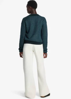 Clearance St. John Stretch Mesh Knit V-Neck Sweater Prussian Blue/Dark Teal Multi