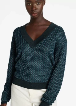 Clearance St. John Stretch Mesh Knit V-Neck Sweater Prussian Blue/Dark Teal Multi