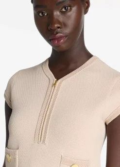 St. John Stretch Twill Knit Cap Sleeve Dress Light Peony