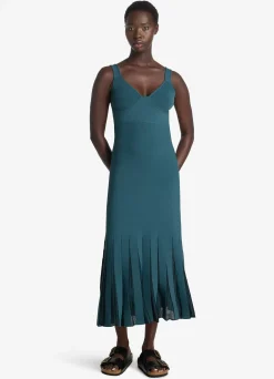 Best St. John Stretch Viscose Knit Dress with Sheer Pleats Prussian Blue