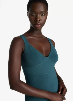 Best St. John Stretch Viscose Knit Dress with Sheer Pleats Prussian Blue