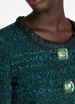 New St. John Textured Slub Tweed Jacket Dark Teal/Black Multi