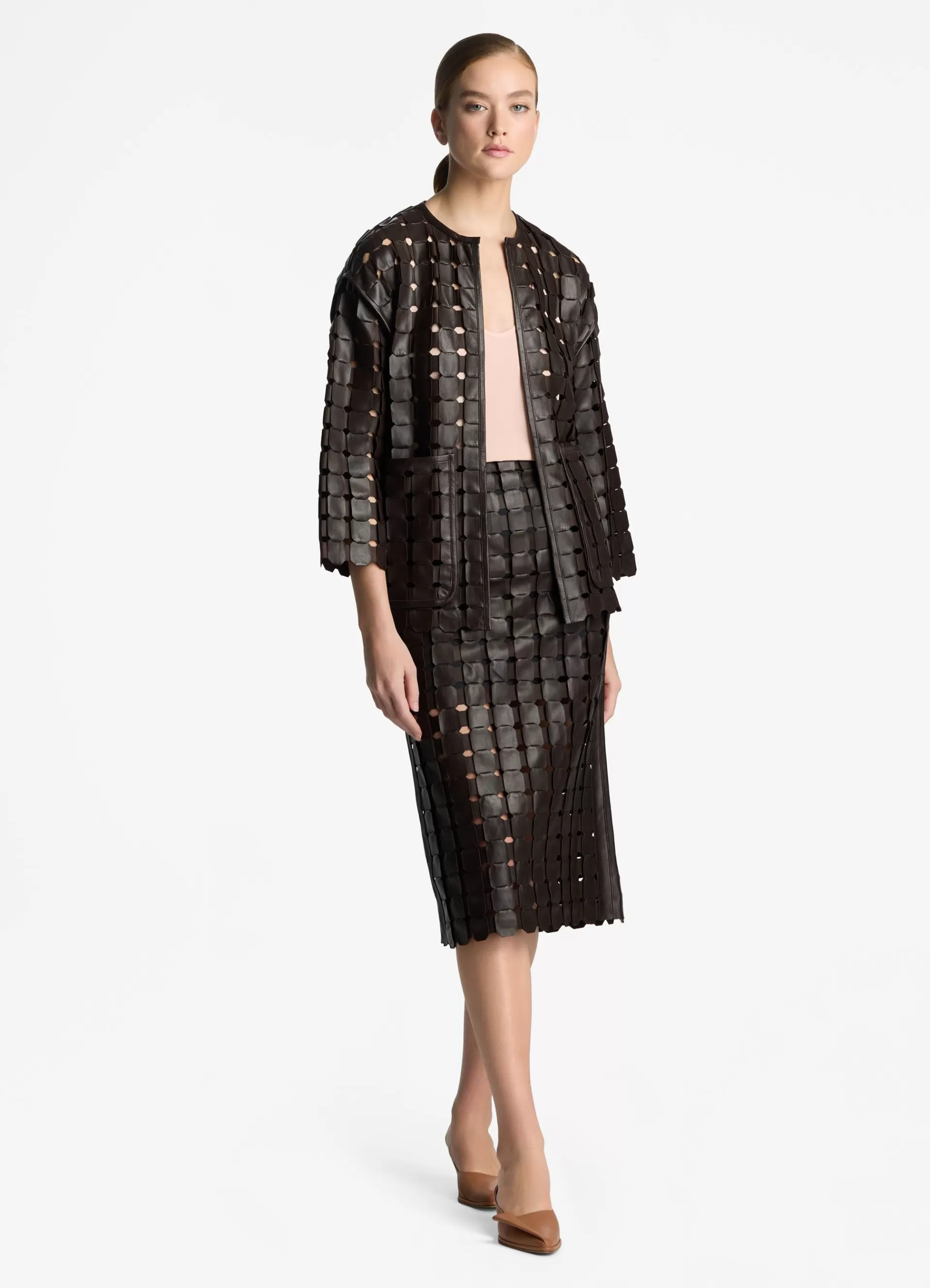 St. John Geometric Weave Leather Coat | COORDINATING SETS | JACKETS
