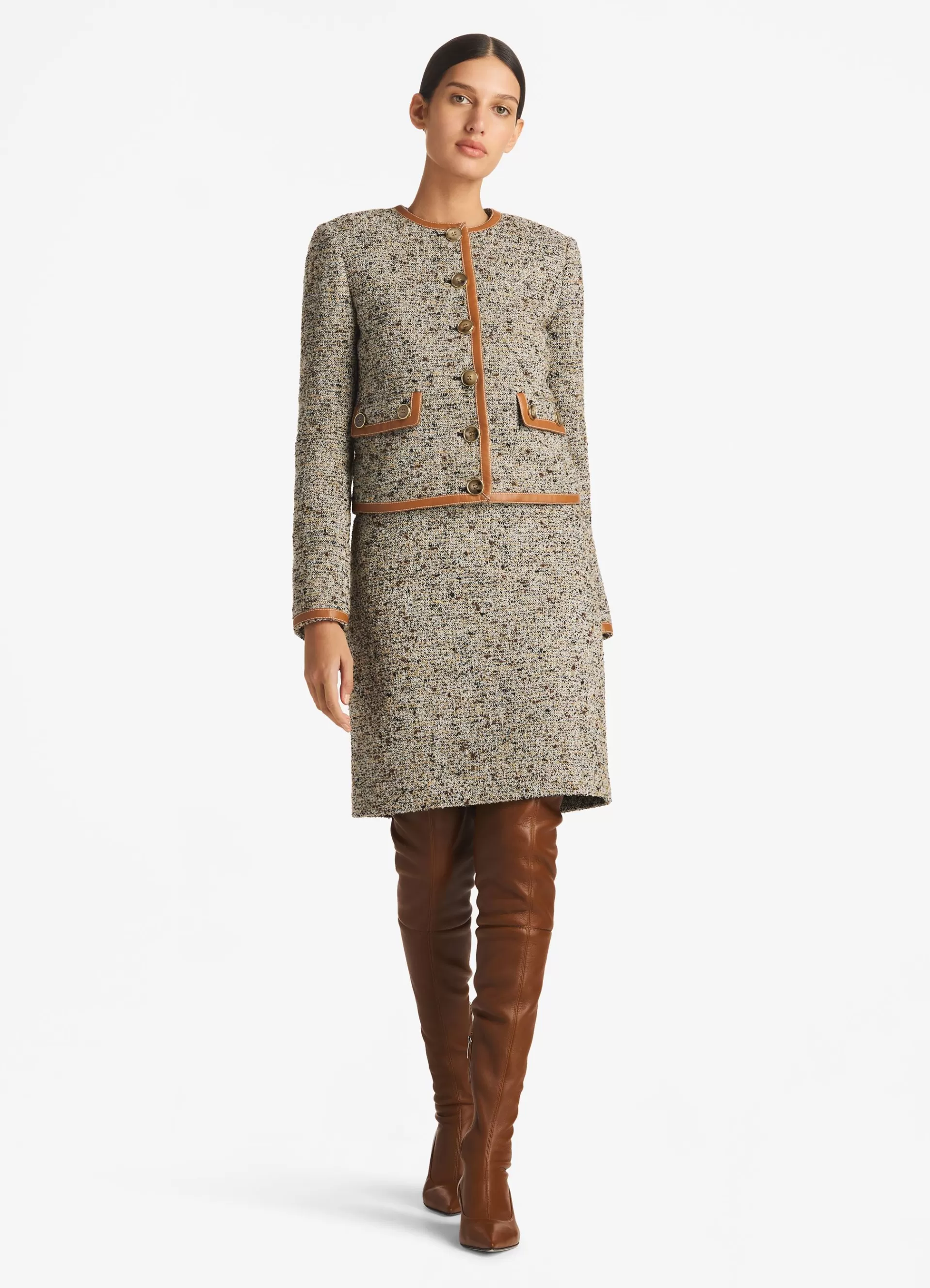 St. John Leather Trim Multicolor Boucle Tweed Jacket | LIGHT JACKETS | JACKETS