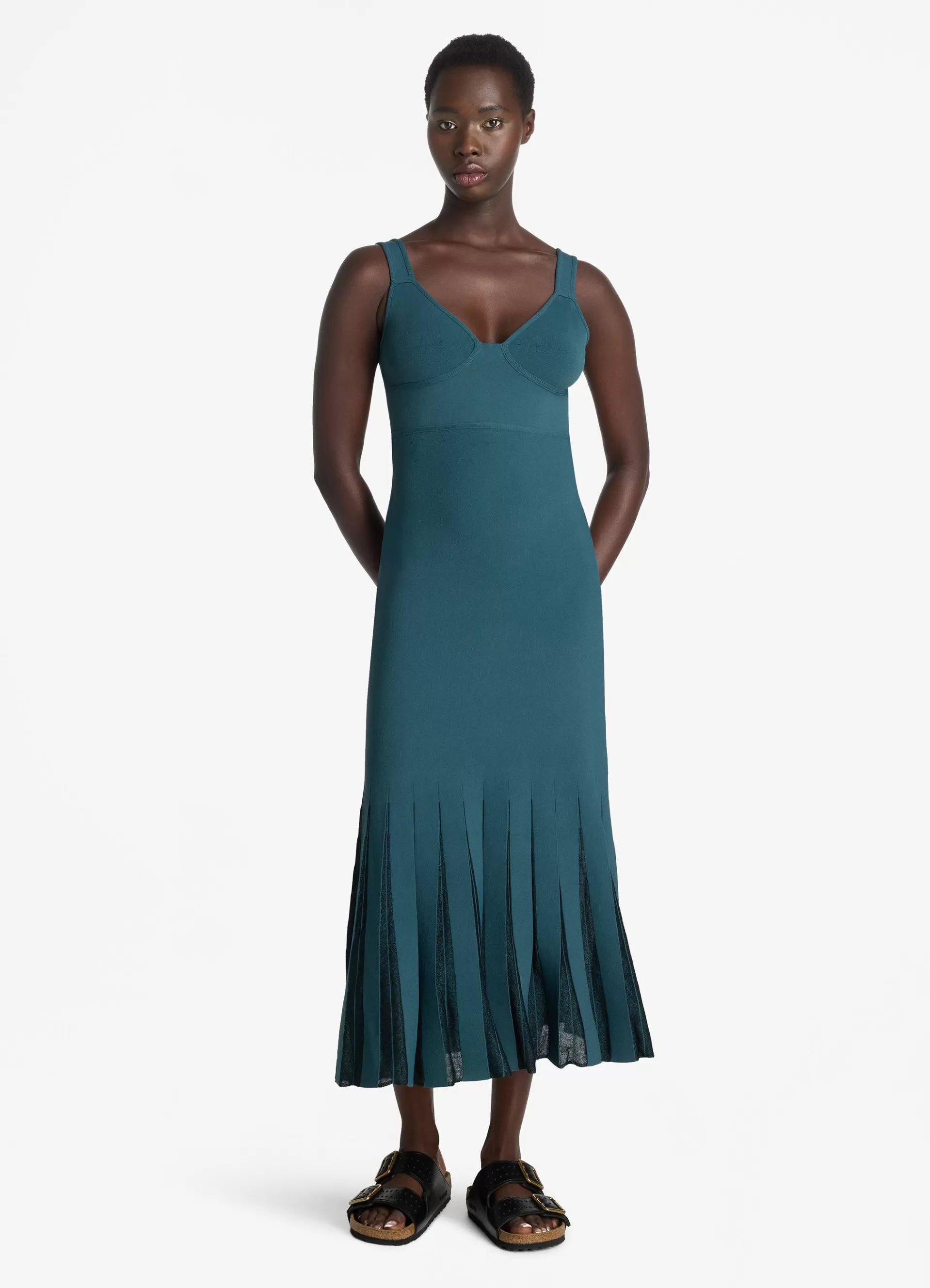 St. John Stretch Viscose Knit Dress with Sheer Pleats | KNIT DRESSES | DAY DRESSES